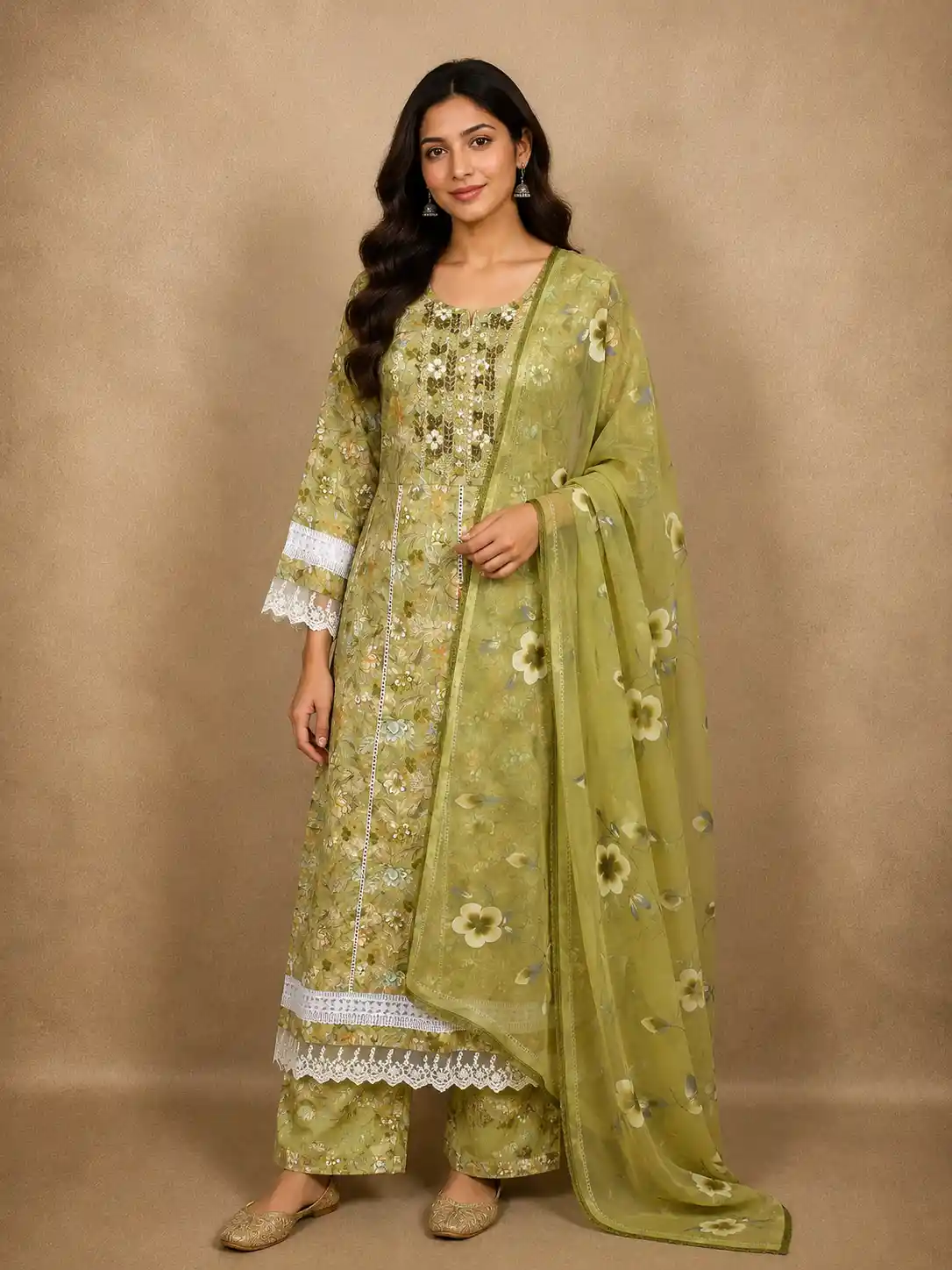 Soft Pistachio Olive Green Floral Printed Design Cotton Anarkali Salwar Suit with Dupatta